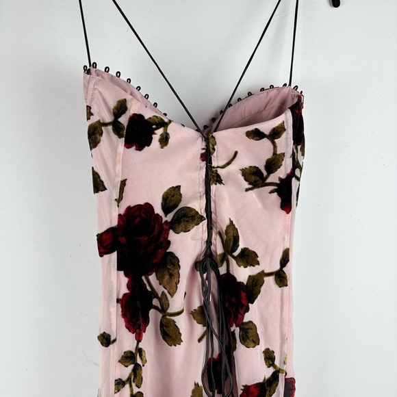 Rare London Pink Rose Devore Lace-Up Midi Dress Formal Wedding Prom Party Sz 2 - Picture 8 of 11